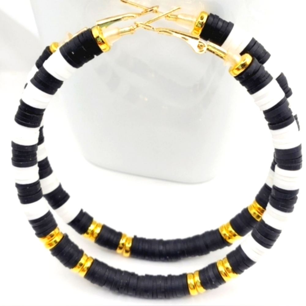 Polymer clay hoop earrings, earrings with Heishi beads and spacer beads 3.0